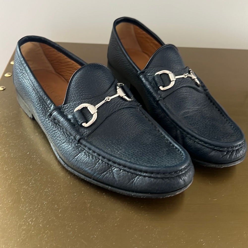 Navy Gucci Loafer with Silver Hardware Size 6.5